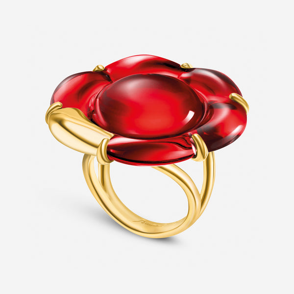 Baccarat 18K Gold Plated on Sterling Silver, Red Crystal Flower Statement Ring 2807663
