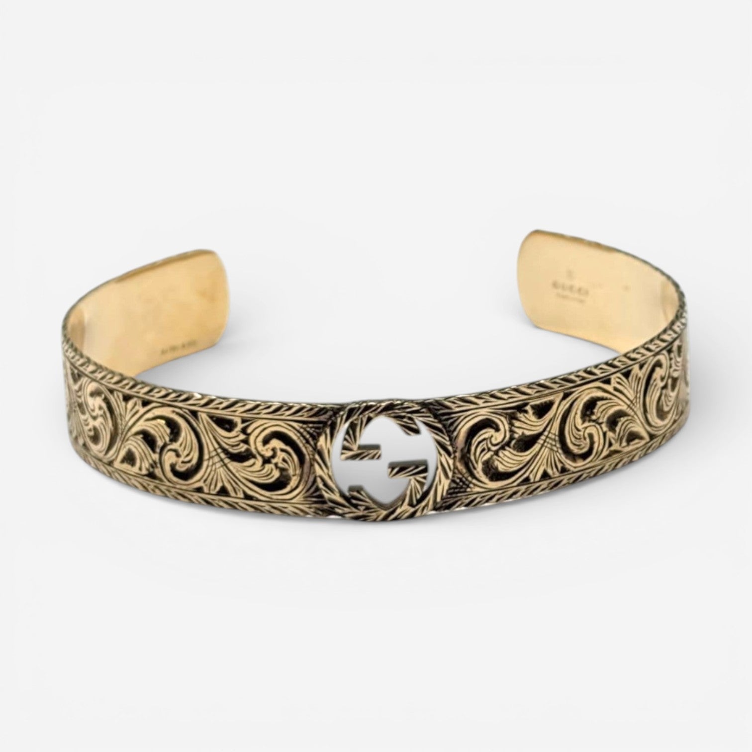 Interlocking GG 18K Yellow Gold Logo Engraved Cuff Bracelet YBA5798940010