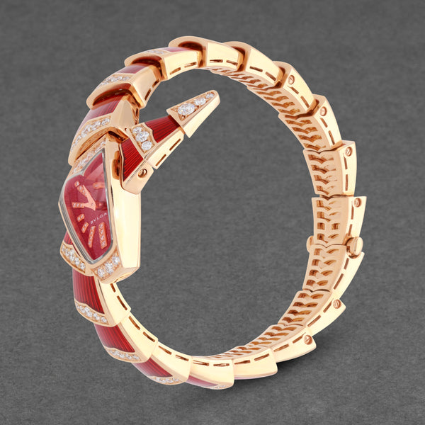 Bulgari Serpenti 18K Rose Gold Diamond Red Lacquer Quartz Ladies Watch 102345