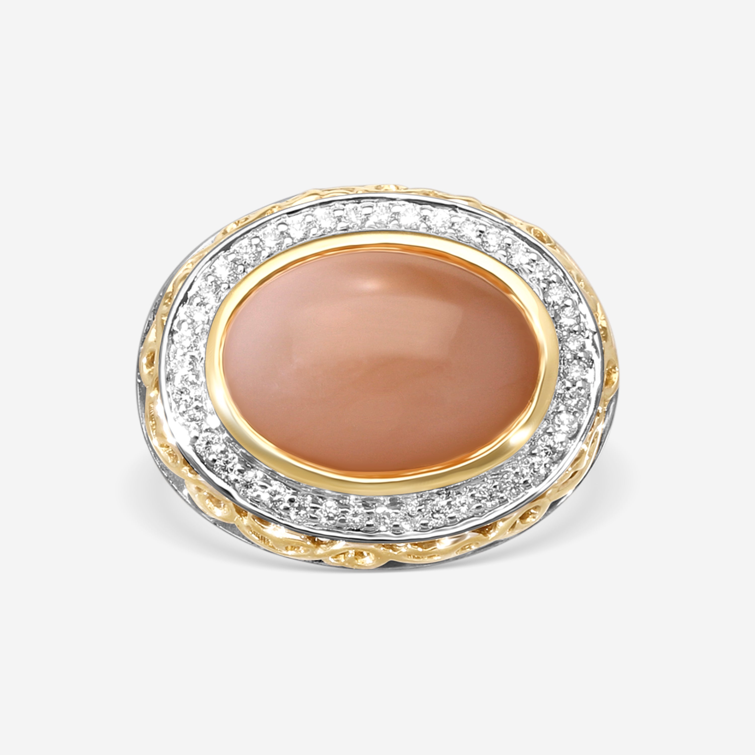 Charles Krypell Sterling Silver and 18K Yellow Gold, Peach Moonstone and White Diamond Statement Ring Sz. 6.5 3-6424-SPCHMD
