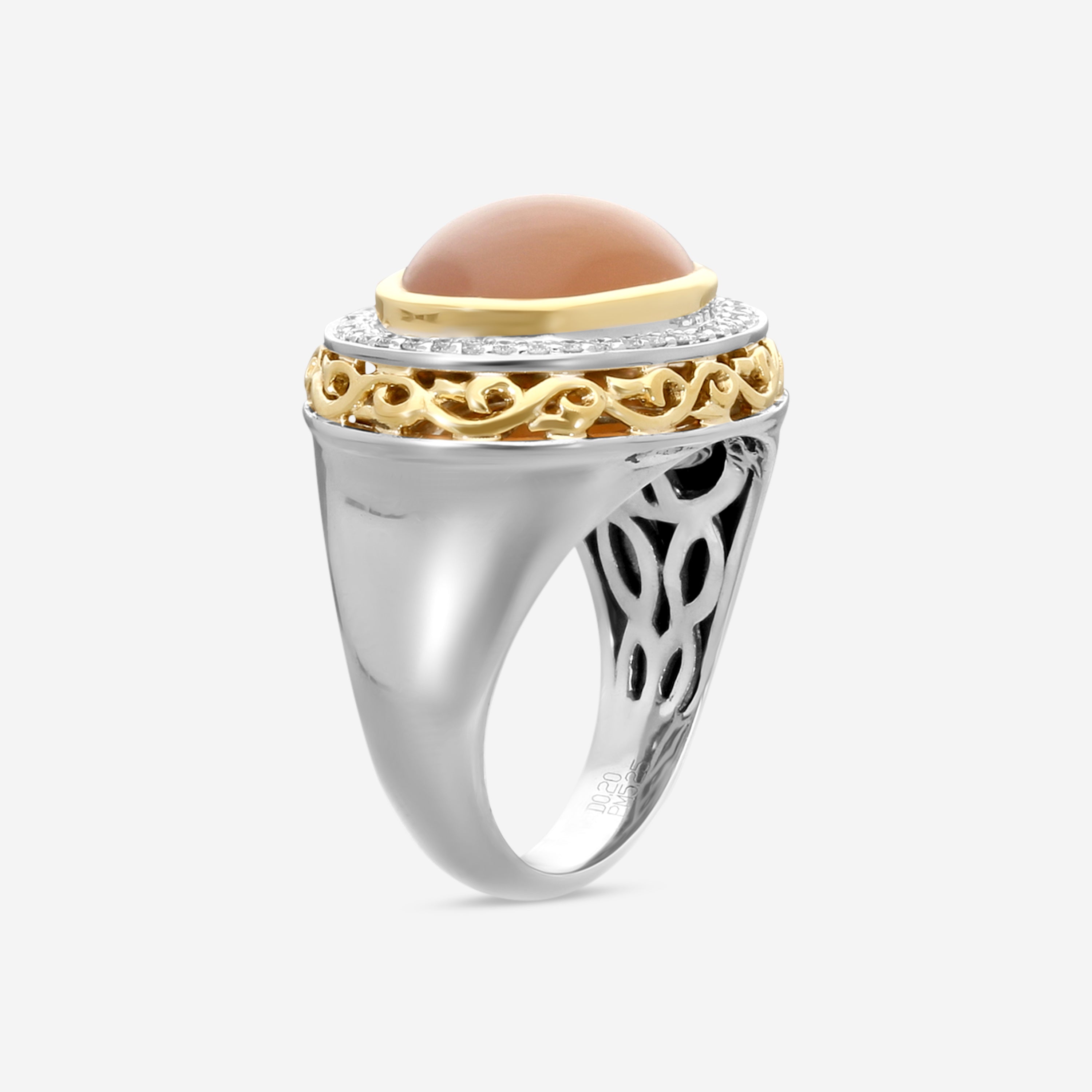 Charles Krypell Sterling Silver and 18K Yellow Gold, Peach Moonstone and White Diamond Statement Ring Sz. 6.5 3-6424-SPCHMD