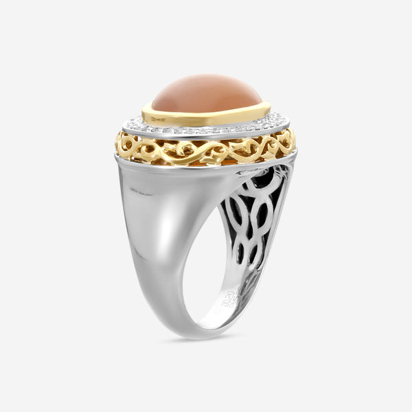 Charles Krypell Sterling Silver and 18K Yellow Gold, Peach Moonstone and White Diamond Statement Ring Sz. 6.5 3-6424-SPCHMD