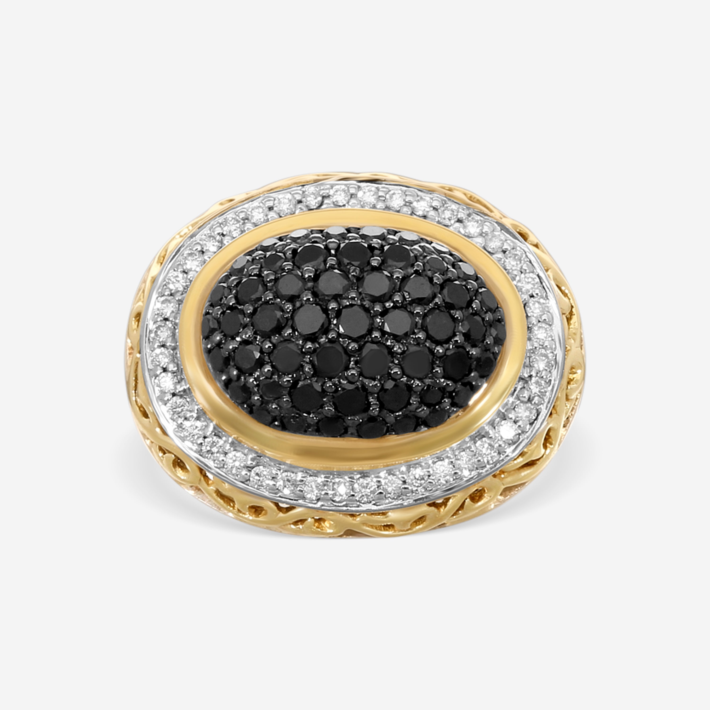 Charles Krypell Sterling Silver and 18K Yellow Gold, Black Diamond and White Diamond Statement Ring Sz. 6.75 3-6425-SBLKP