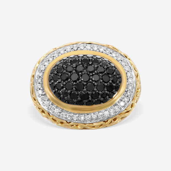 Charles Krypell Sterling Silver and 18K Yellow Gold, Black Diamond and White Diamond Statement Ring Sz. 6.75 3-6425-SBLKP