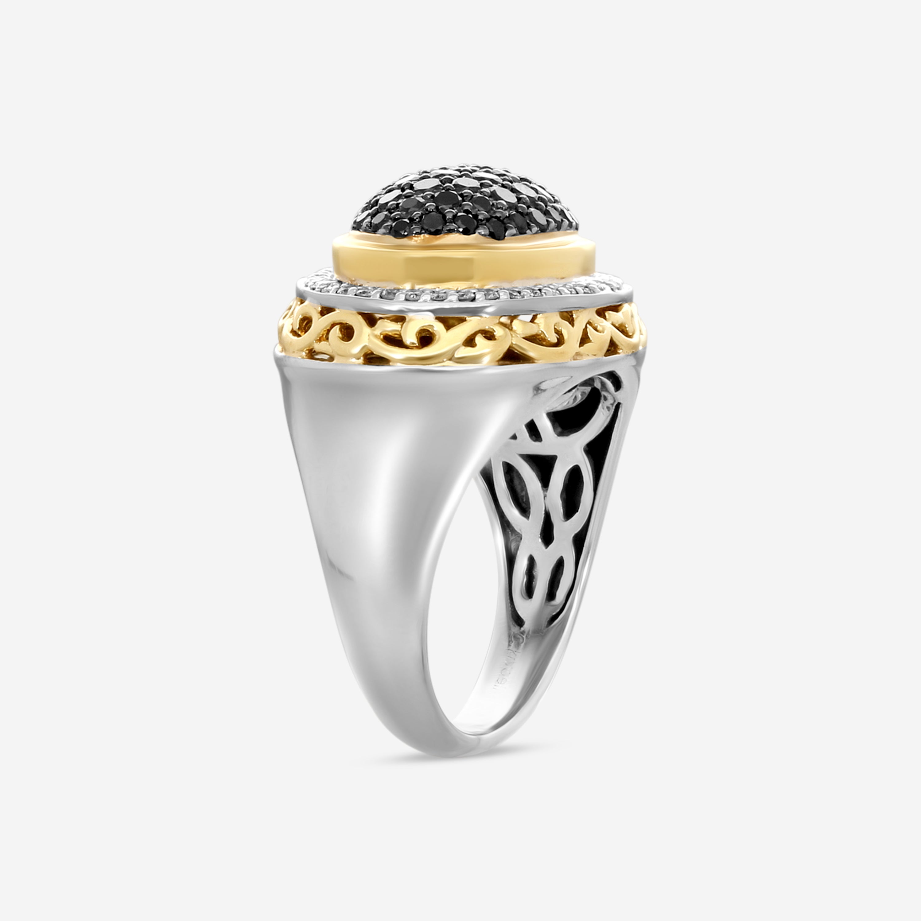 Charles Krypell Sterling Silver and 18K Yellow Gold, Black Diamond and White Diamond Statement Ring Sz. 6.75 3-6425-SBLKP