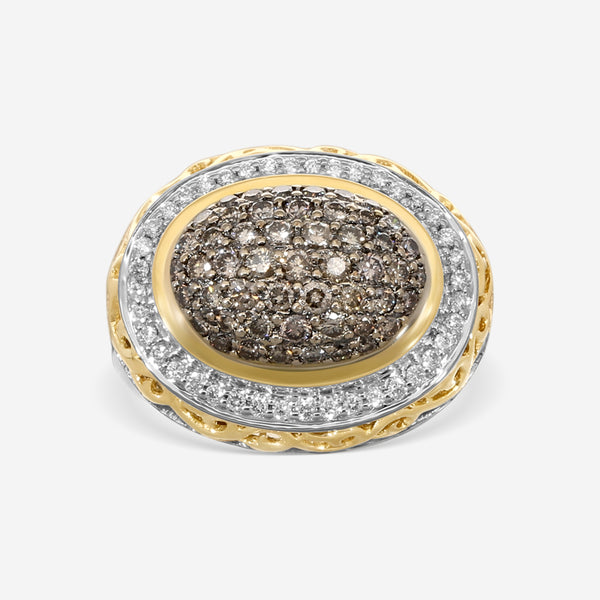 Charles Krypell Sterling Silver and 18K Yellow Gold, Brown and White Diamond Statement Ring Sz. 6.5 3-6425-SBLKP