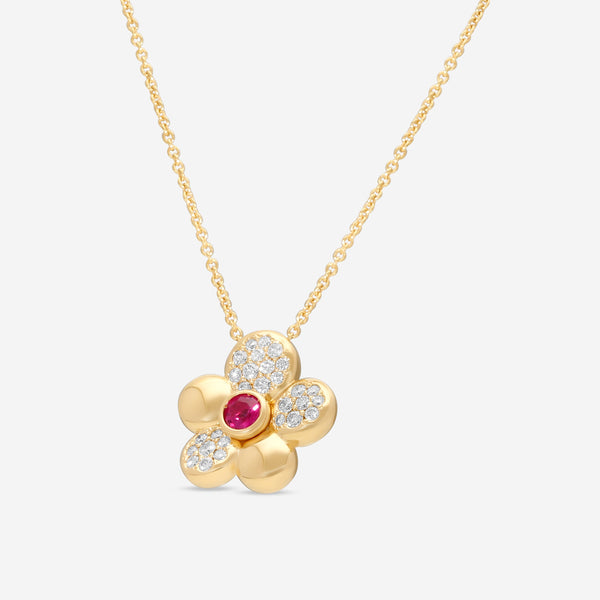 Crivelli Margherita 18K Yellow Gold Diamond & Ruby Flower Pendant Necklace 302-R79802M-G