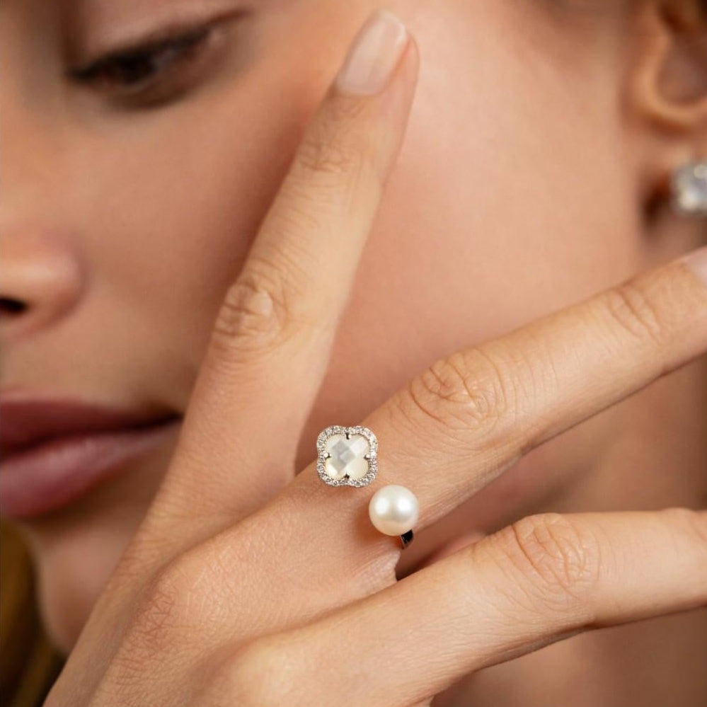Morganne Bello Victoria Pearls 18K White Gold Multi-Gemstone Open Ring 3061WB211