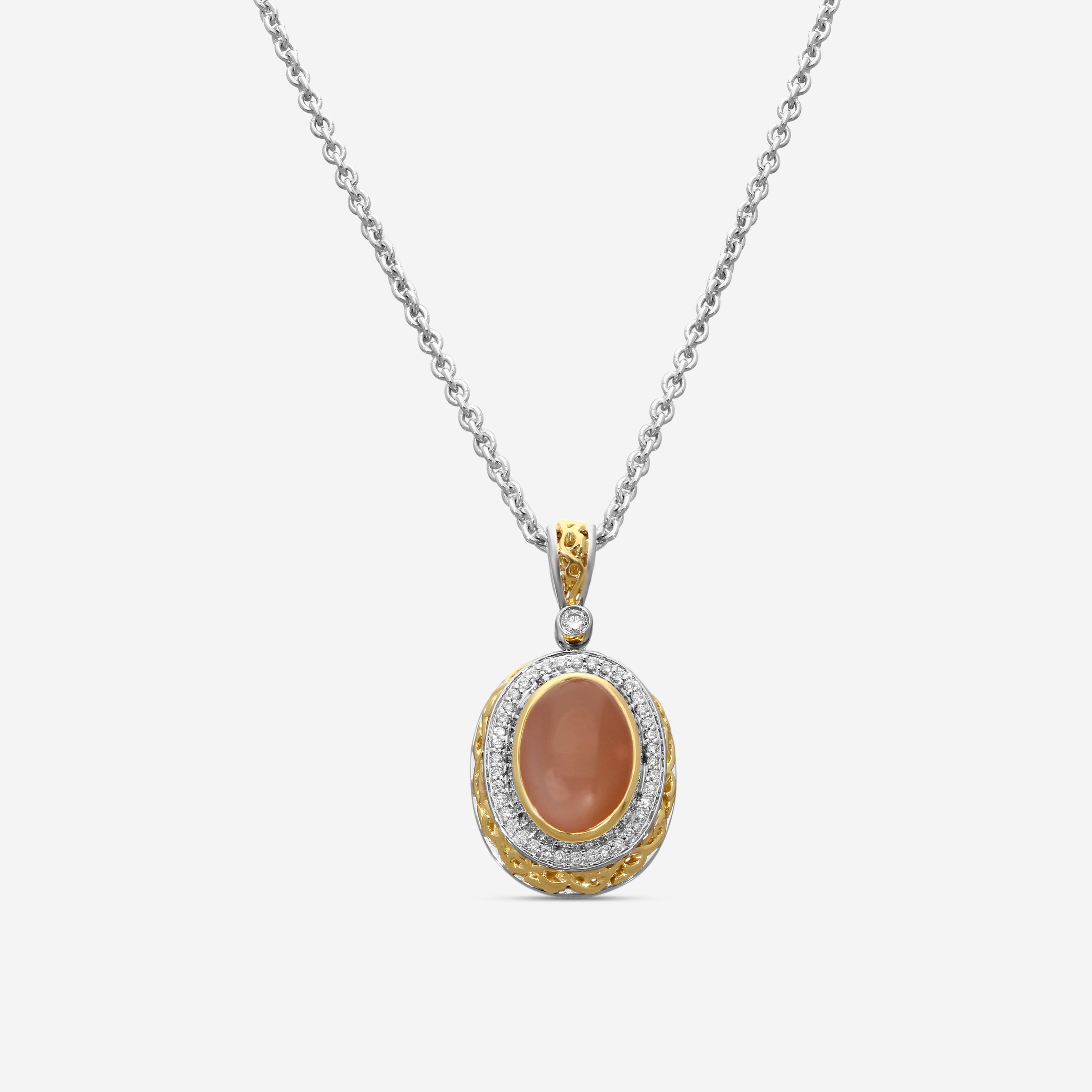 Charles Krypell Sterling Silver and 18K Yellow Gold, Peach Moonstone and White Diamond Pendant Necklace 4-6424-SPCHMD