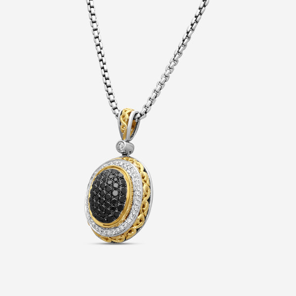 Charles Krypell Sterling Silver and 18K Yellow Gold, Black Diamond and White Diamond Pendant Necklace 4-6425-SBLKP