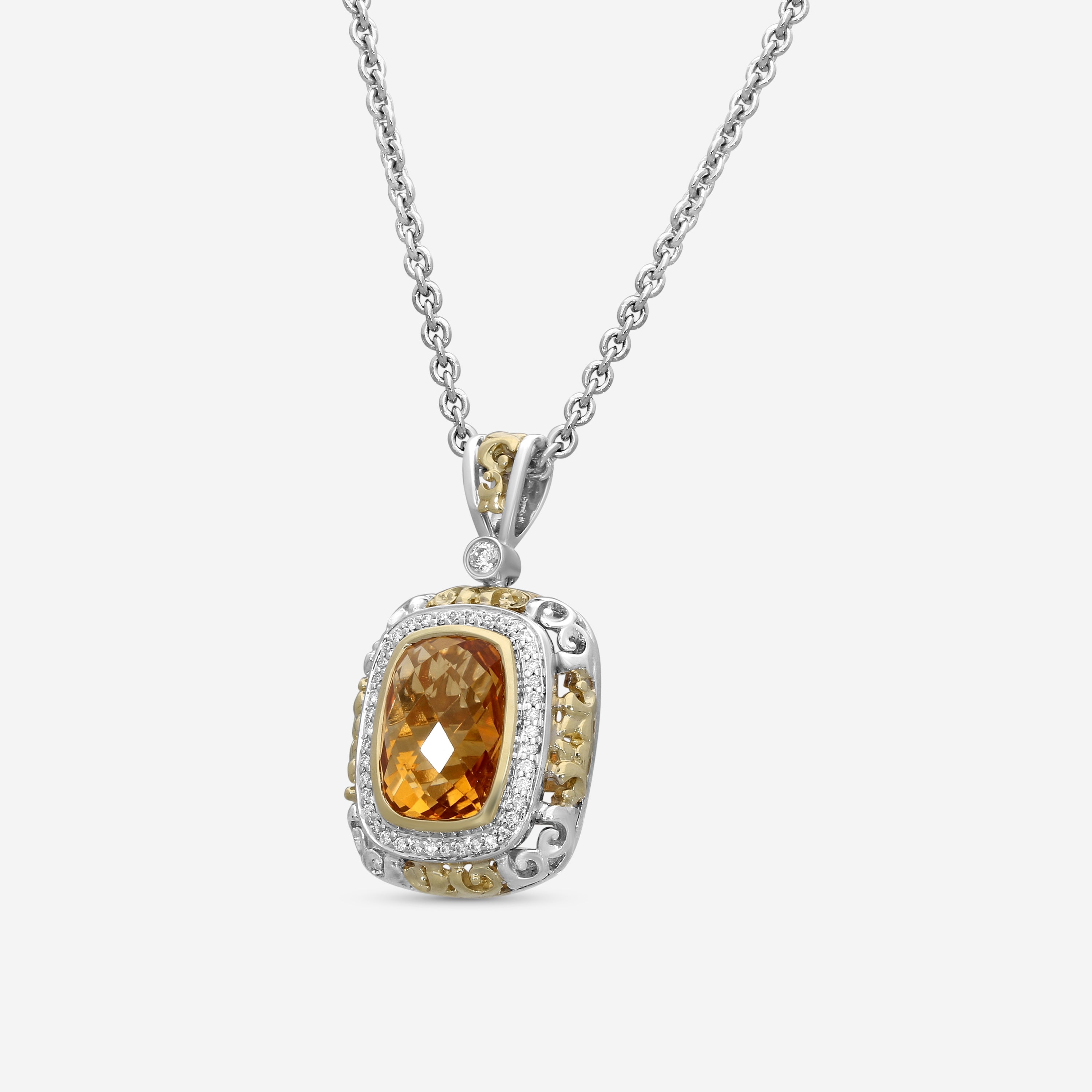 Charles Krypell Sterling Silver and 18K Yellow Gold, Yellow Citrine and White Diamond Pendant Necklace 4-6440-SCD