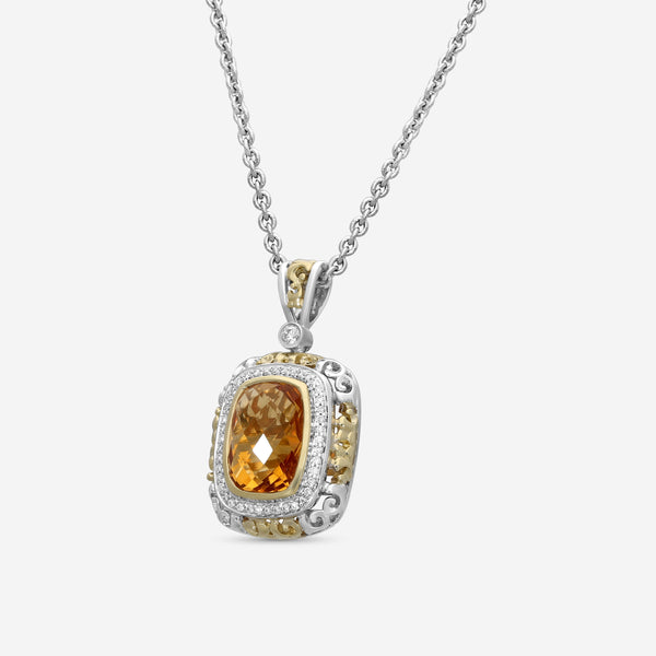 Charles Krypell Sterling Silver and 18K Yellow Gold, Yellow Citrine and White Diamond Pendant Necklace 4-6440-SCD