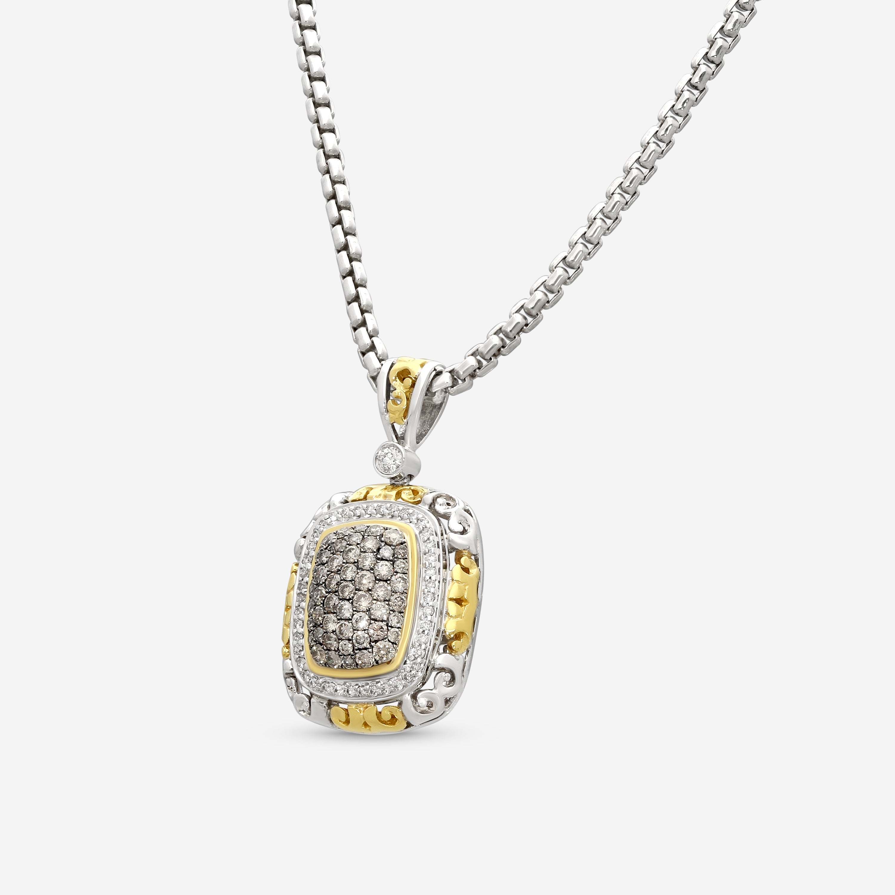 Charles Krypell Sterling Silver and 18k Yellow Gold, Brown and White Diamond Pendant Necklace 4-6442-SBRP