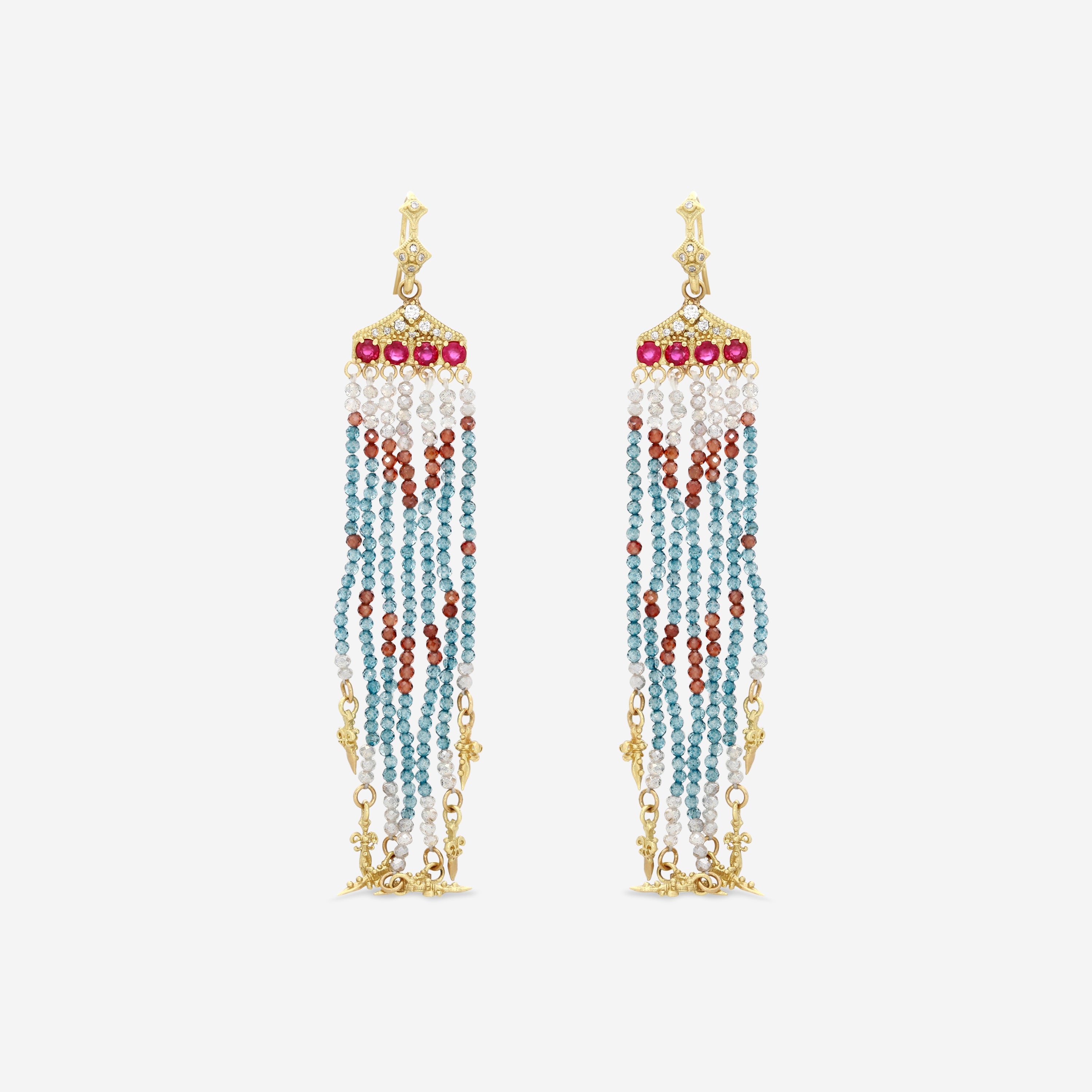 Armenta 18K Yellow Gold London Blue Topaz, Ruby, Moonstone & Diamond Feather Drop Earrings 20023