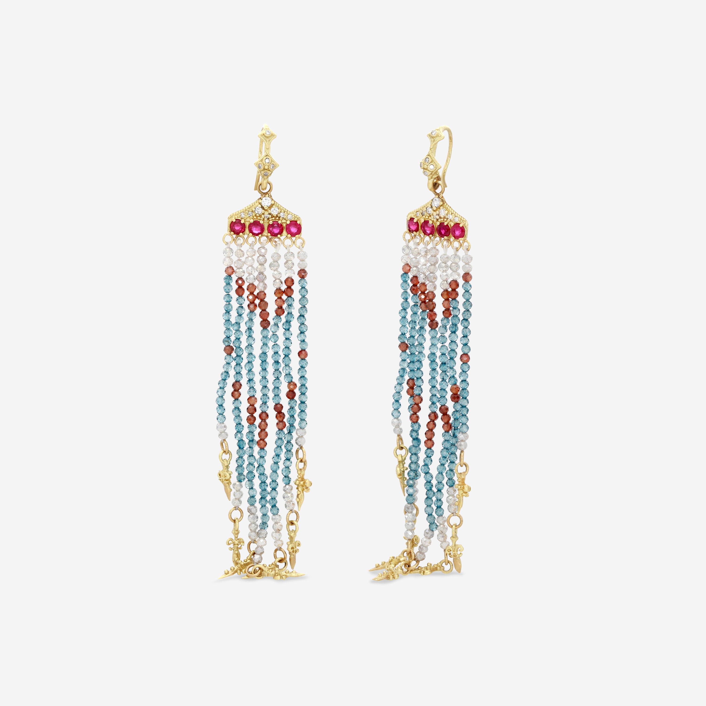 Armenta 18K Yellow Gold London Blue Topaz, Ruby, Moonstone & Diamond Feather Drop Earrings 20023