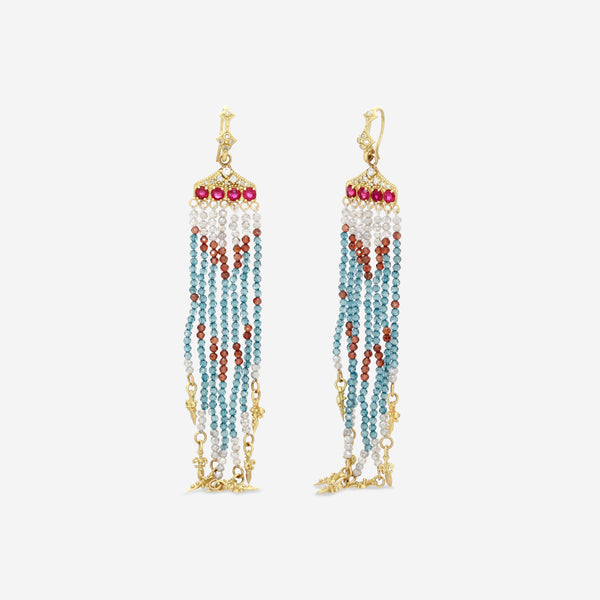 Armenta 18K Yellow Gold London Blue Topaz, Ruby, Moonstone & Diamond Feather Drop Earrings 20023 - THE SOLIST