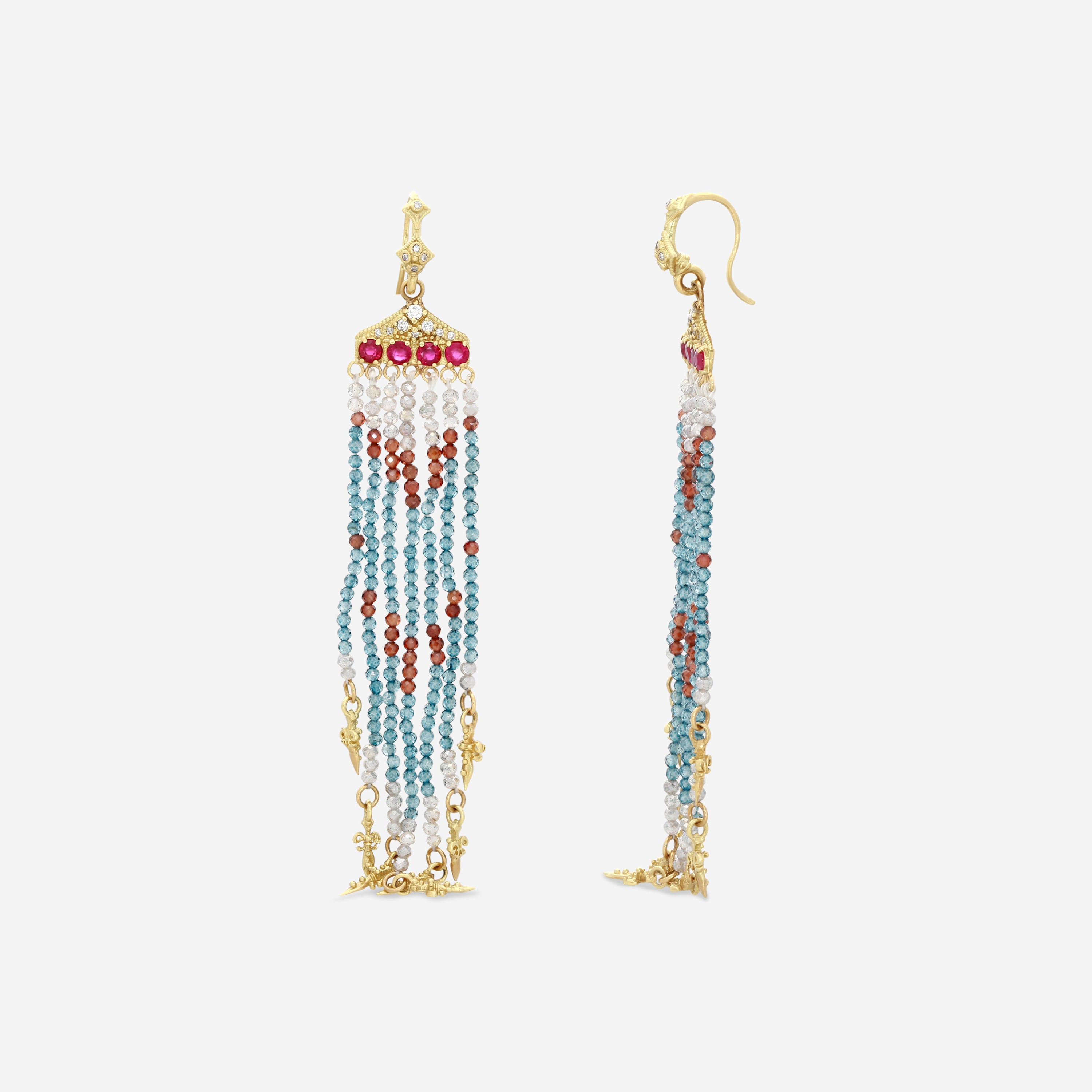 Armenta 18K Yellow Gold London Blue Topaz, Ruby, Moonstone & Diamond Feather Drop Earrings 20023