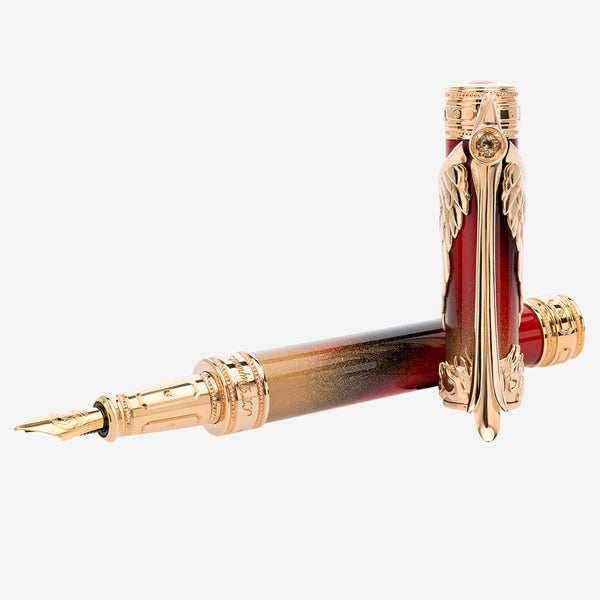S.T. Dupont Phoenix Renaissance Red Lacquer & Yellow Gold Plated Fountain Pen 241035