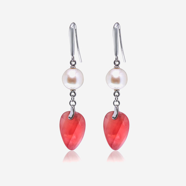 SuperOro 18K White Gold, Pearl and Rhodochrosite Drop Earrings - THE SOLIST