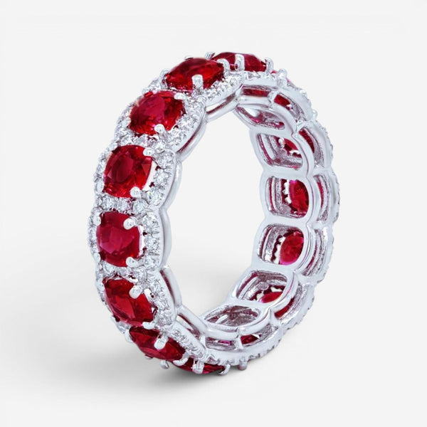 Diana M. Jewels 18K White Gold Ruby & Diamond Halo Band Ring Sz. 6 WB5151