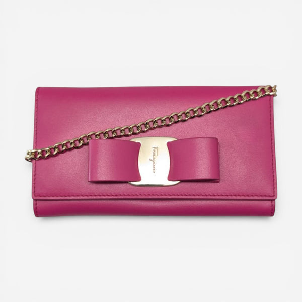 Salvatore Ferragamo Vara Women's 705292 Pink Wallet With Chain MSRP $795 - THE SOLIST