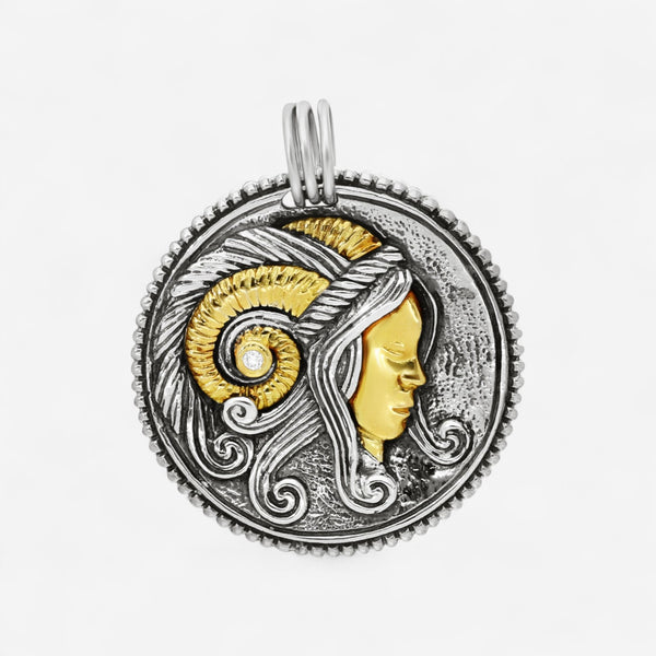 Konstantino Zodiac Aries Sterling Silver & 18K Yellow Gold Diamond Carved Pendant MEKJ628-109 - THE SOLIST