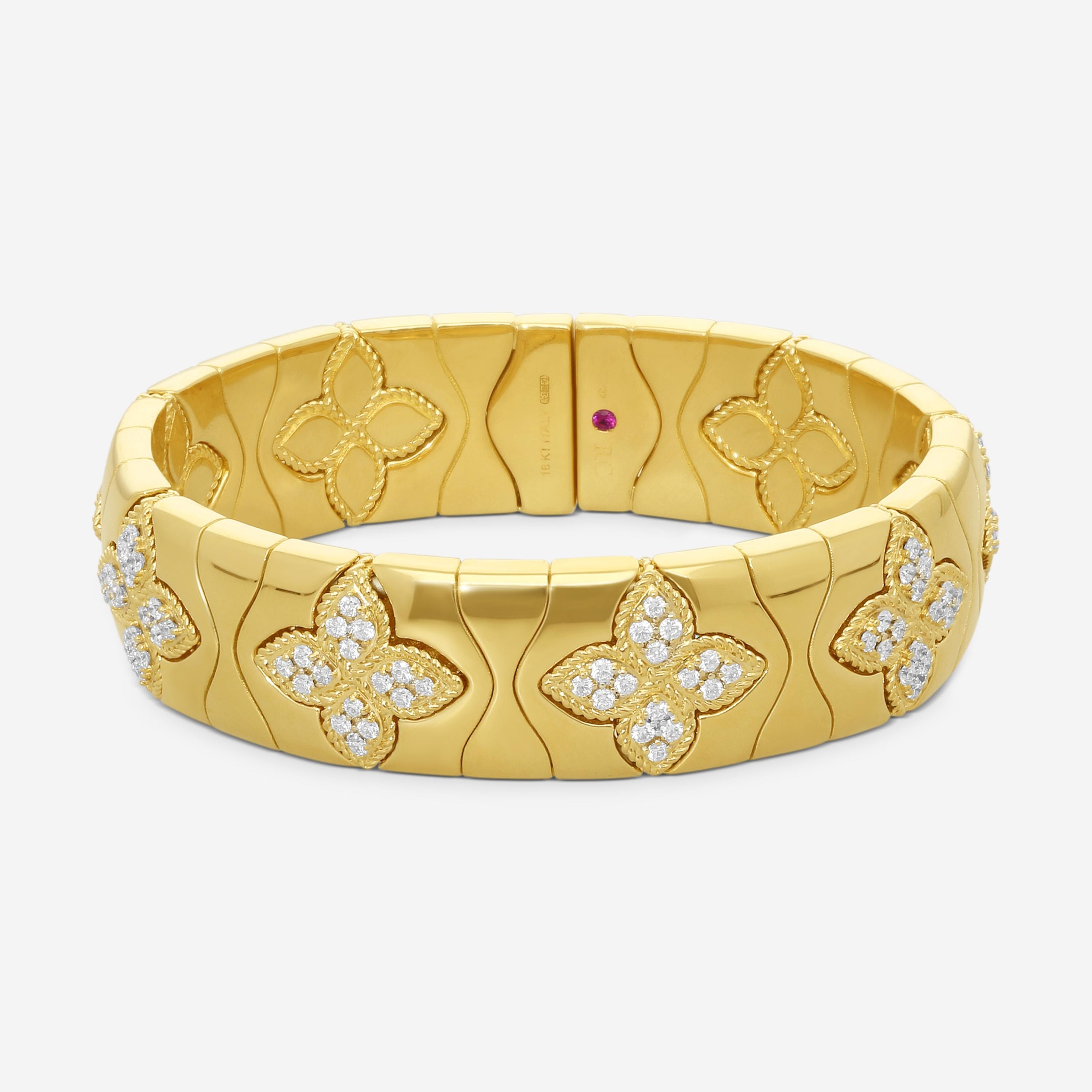 Roberto Coin Royal Princess Flower 18K Yellow Gold Diamond Bangle Bracelet 77729