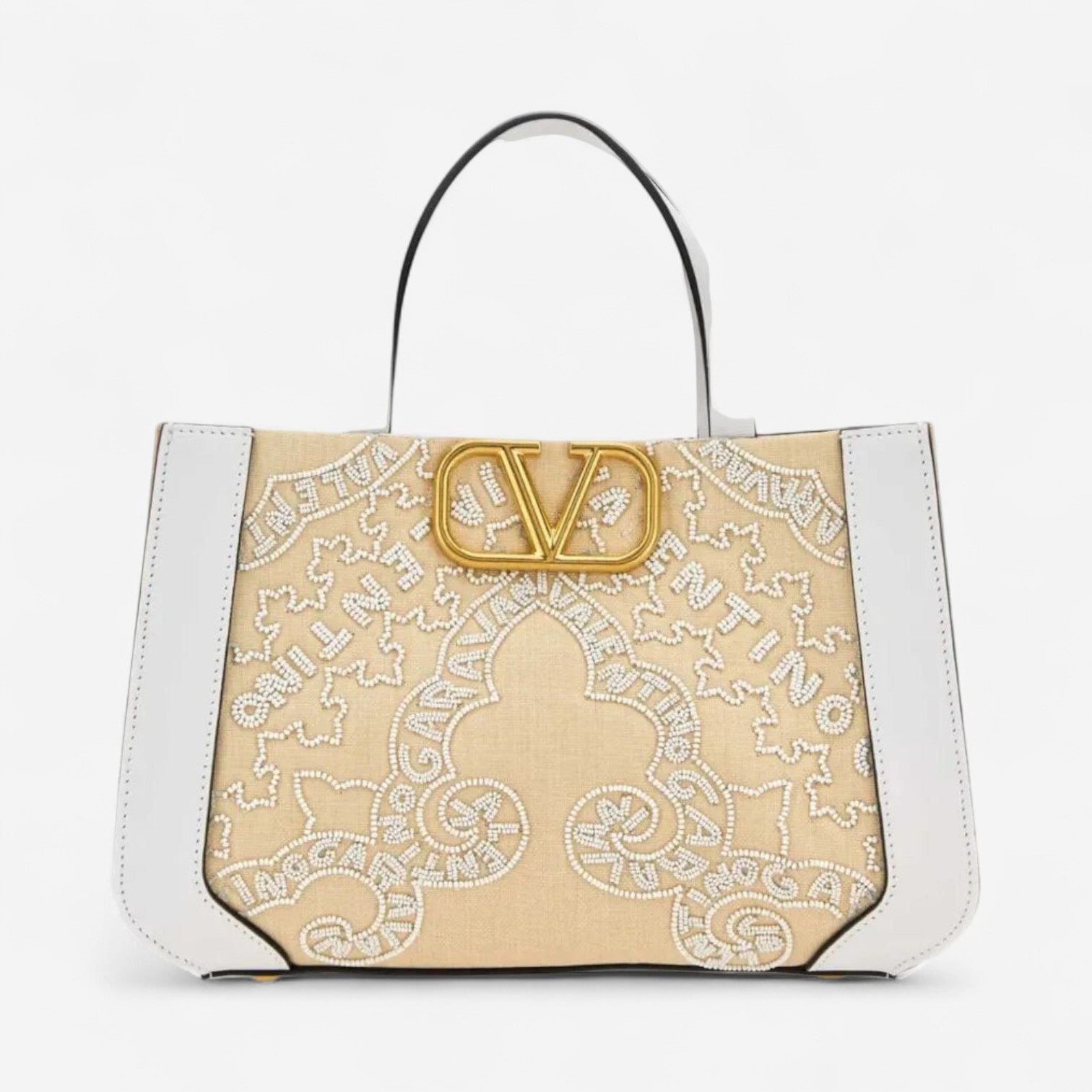 Valentino Garavani VLogo Signature White & Beige Leather Beaded Tote Bag 8056133649823