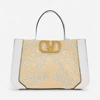 Valentino Garavani VLogo Signature White & Beige Leather Beaded Tote Bag 8056133649823