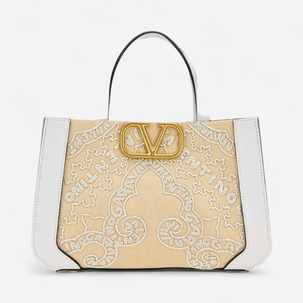 Valentino Garavani VLogo Signature White & Beige Leather Beaded Tote Bag 8056133649823