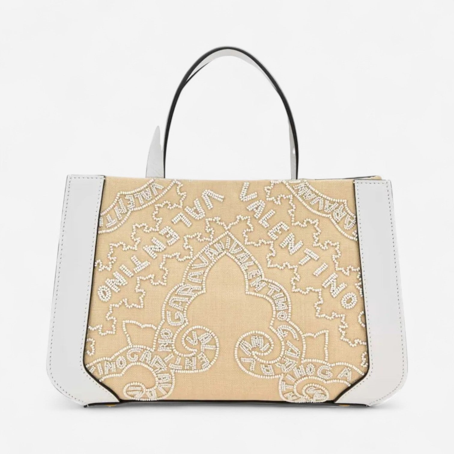 Valentino Garavani VLogo Signature White & Beige Leather Beaded Tote Bag 8056133649823