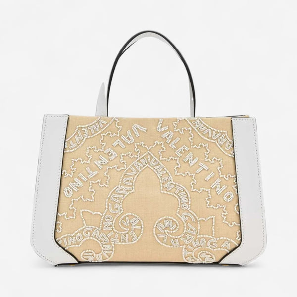 Valentino Garavani VLogo Signature White & Beige Leather Beaded Tote Bag 8056133649823