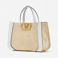 Valentino Garavani VLogo Signature White & Beige Leather Beaded Tote Bag 8056133649823