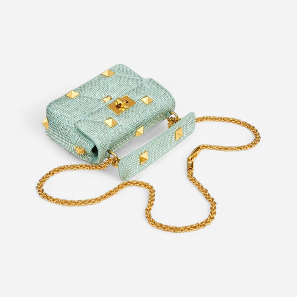 Valentino Garavani Teal Suede Small Roman Stud Embellished Shoulder Bag 8056133690801