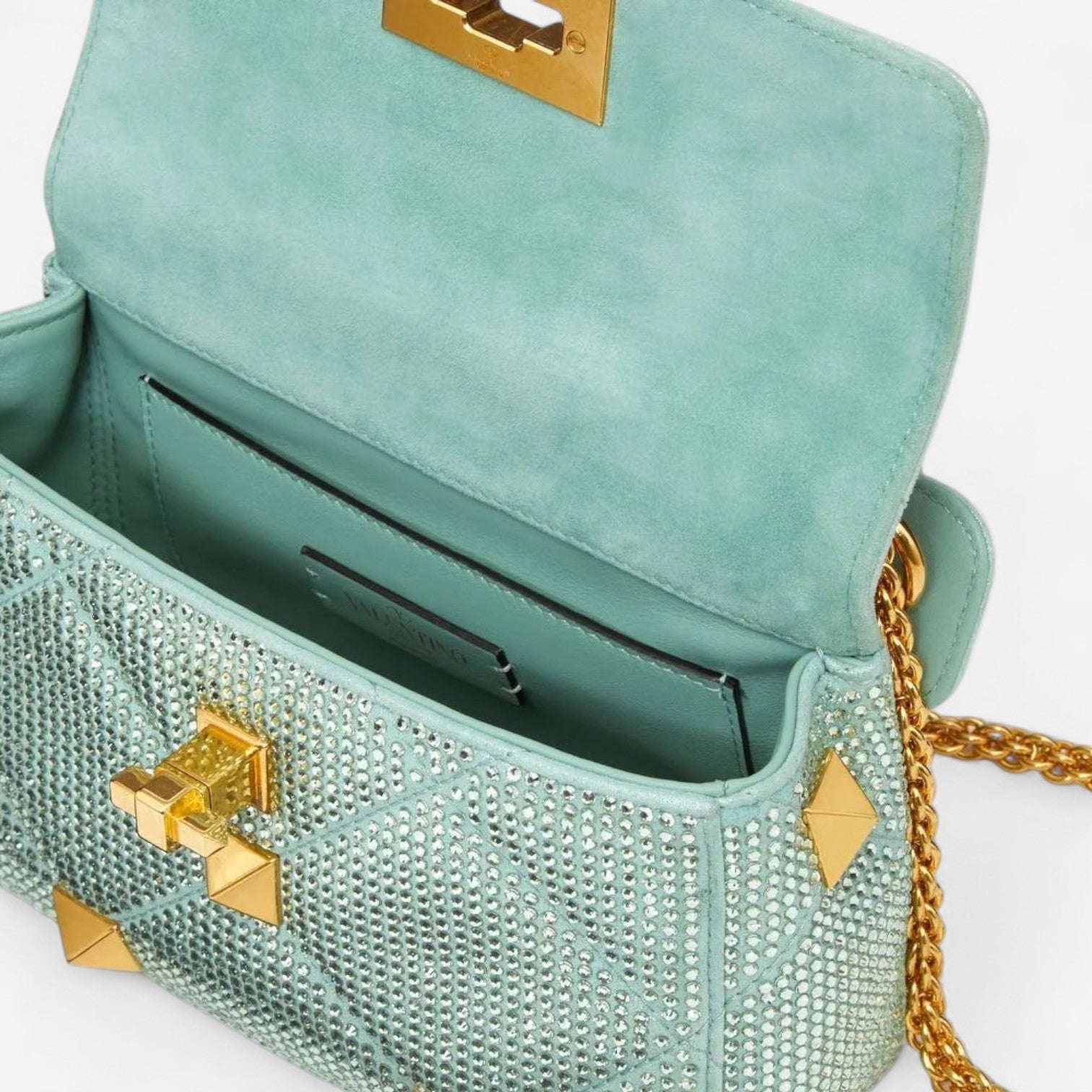 Valentino Garavani Teal Suede Small Roman Stud Embellished Shoulder Bag 8056133690801