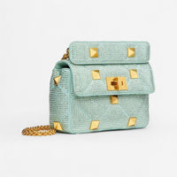 Valentino Garavani Teal Suede Small Roman Stud Embellished Shoulder Bag 8056133690801
