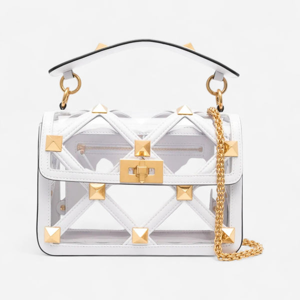 Valentino Garavani White Leather Medium Roman Stud Transparent Shoulder Bag 8056133763048