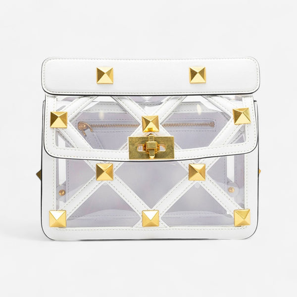 Valentino Garavani White Leather Medium Roman Stud Transparent Shoulder Bag 8056133763048