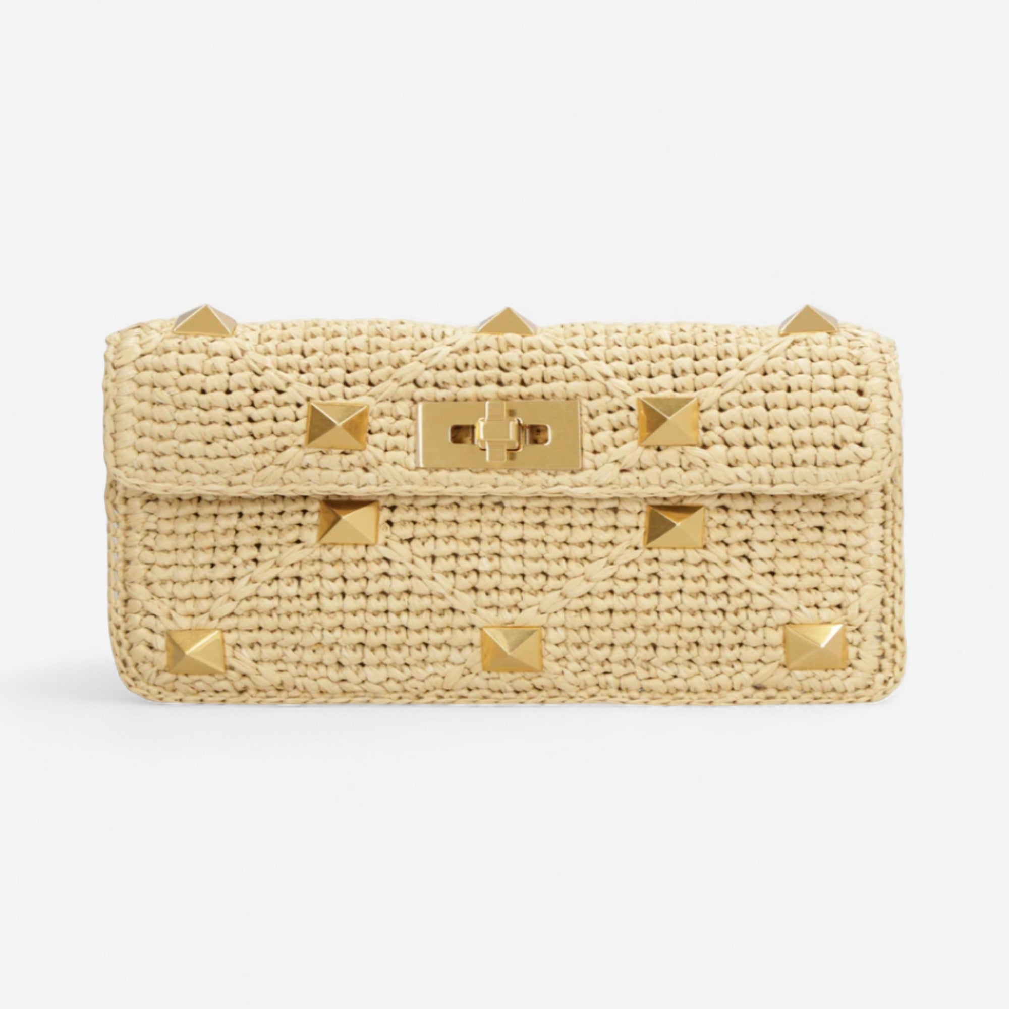 Valentino Garavani Rockstud Beige Crochet-Knit Raffia Clutch Bag 8056133867838