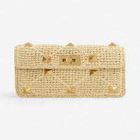 Valentino Garavani Rockstud Beige Crochet-Knit Raffia Clutch Bag 8056133867838