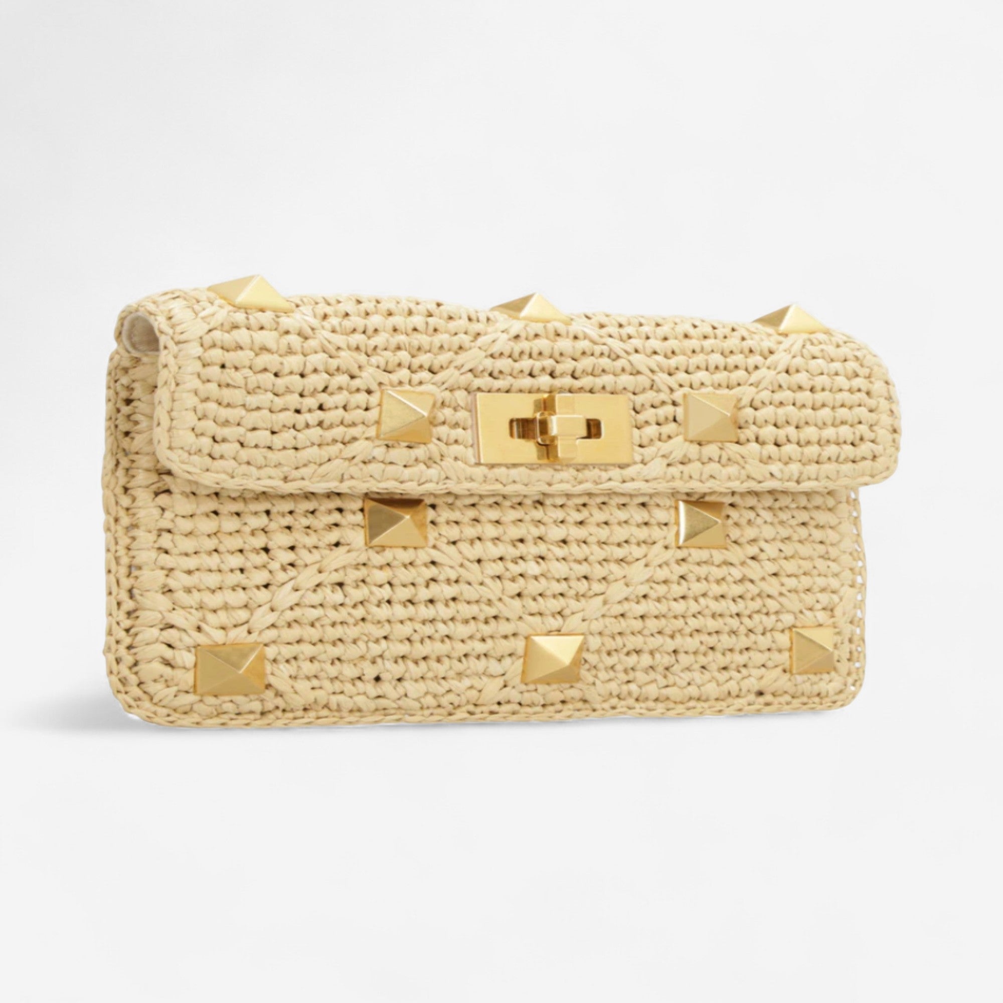 Valentino Garavani Rockstud Beige Crochet-Knit Raffia Clutch Bag 8056133867838