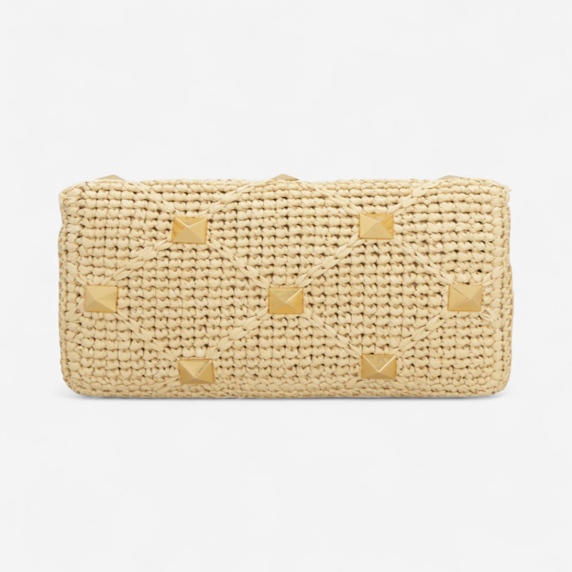 Valentino Garavani Rockstud Beige Crochet-Knit Raffia Clutch Bag 8056133867838