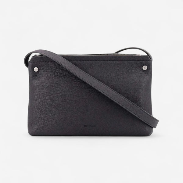 Ferragamo Black Leather Embossed Logo Shoulder Bag 8056283176392