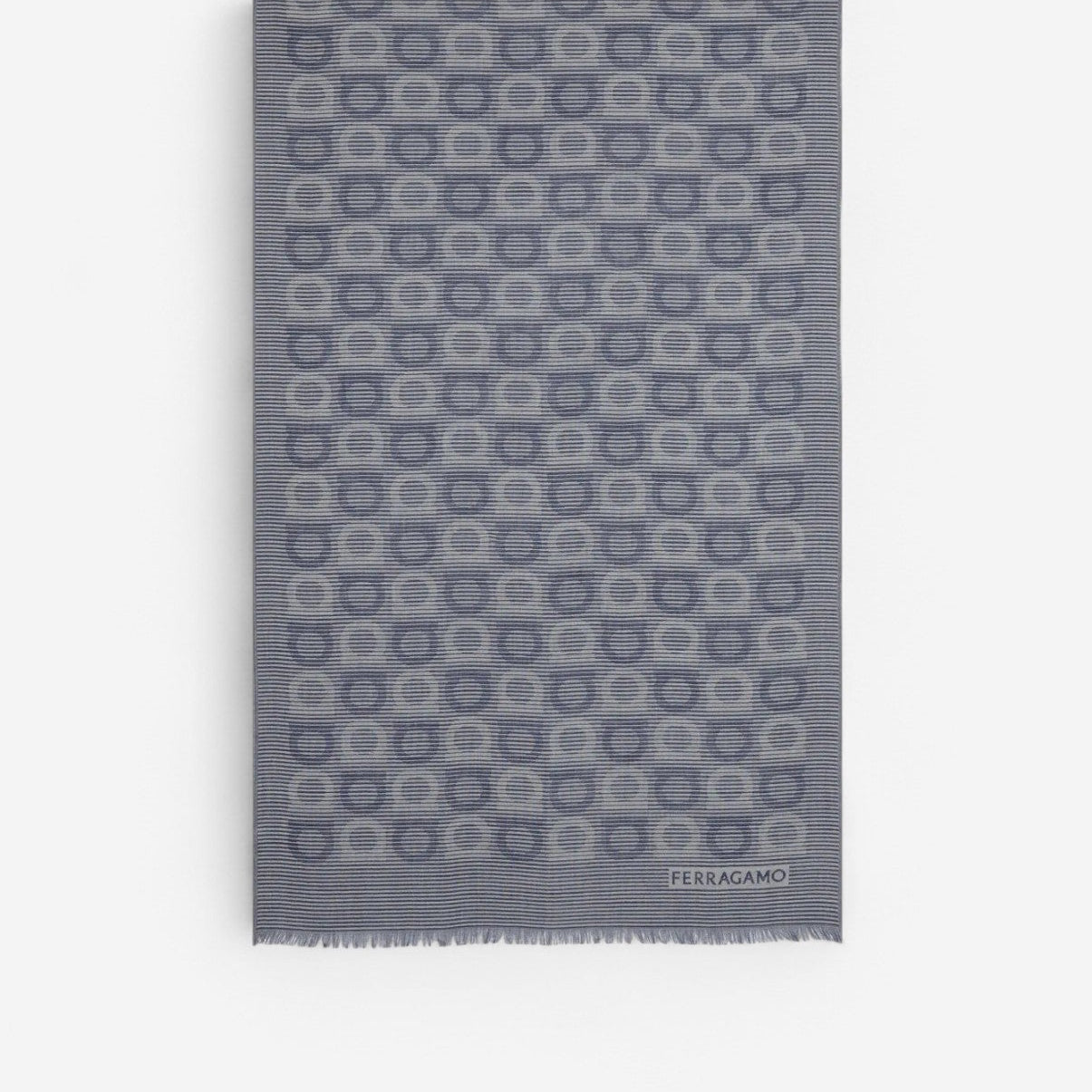 Ferragamo Gancini-Print Dark Blue Frayed-Hem Scarf 8056283510073