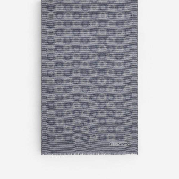 Ferragamo Gancini-Print Dark Blue Frayed-Hem Scarf 8056283510073