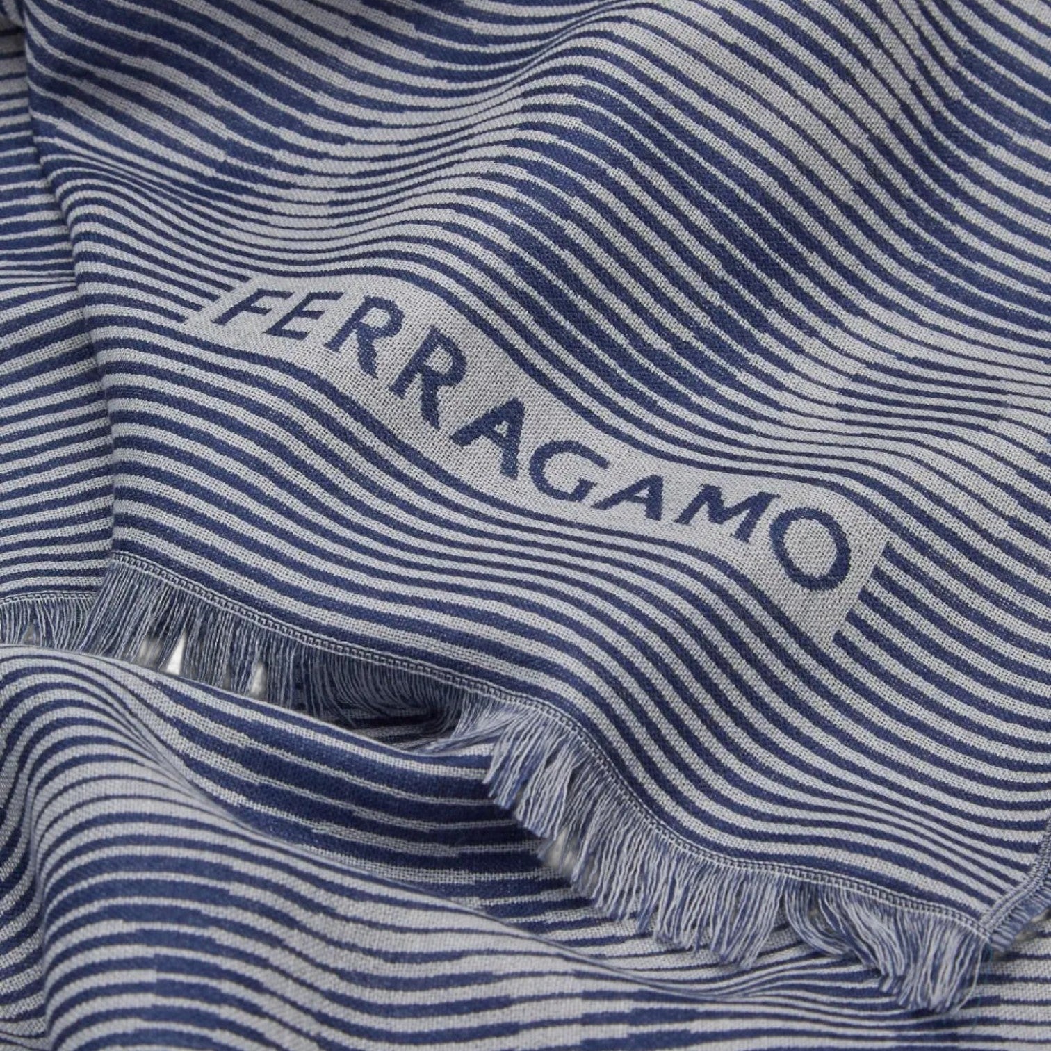 Ferragamo Gancini-Print Dark Blue Frayed-Hem Scarf 8056283510073