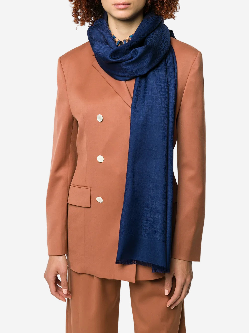 Ferragamo Gancini Print Oxford Blue Silk & Wool Blend Scarf 8057453461805