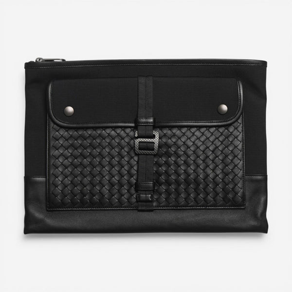 Bottega Veneta Intrecciato Black Leather & Canvas Clutch 542813VAYE71000