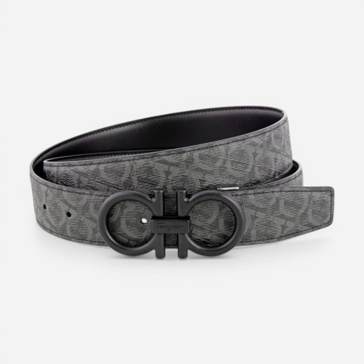 Double Gancini Black Grey Reversible Leather Belt