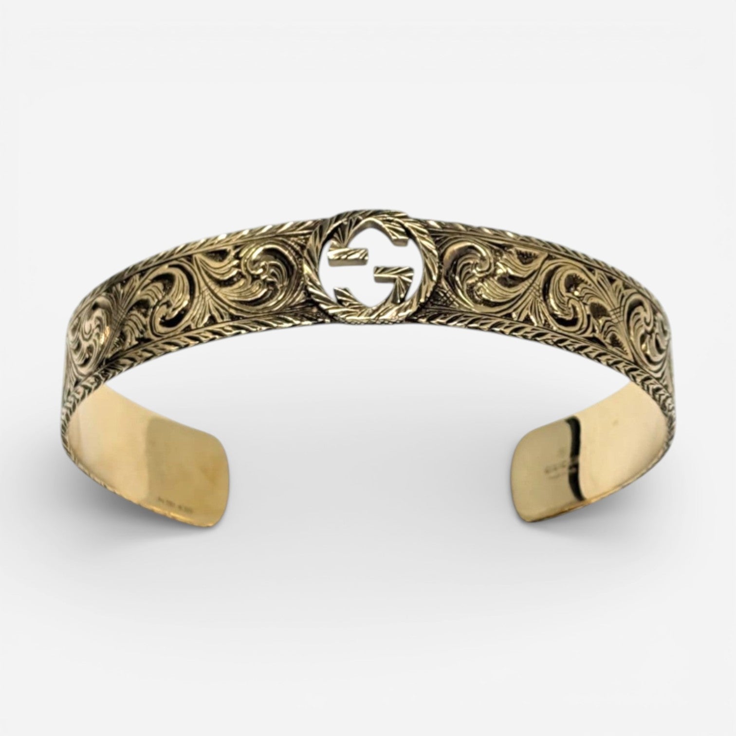 Gucci Interlocking GG 18K Yellow Gold Logo Engraved Cuff Bracelet YBA5798940010 - THE SOLIST